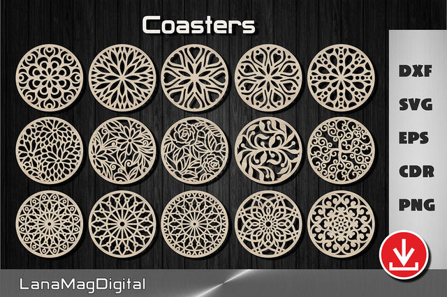 15 Floral coasters svg | Circle Mandala coasters laser cut SVG LanaMagDigital 