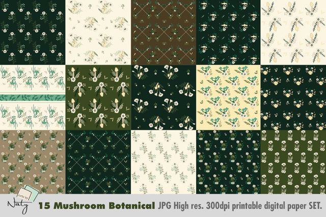 15 mushroom botanical digital paper SET. Digital Pattern Arts By Naty 