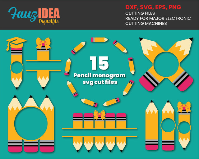 15 Pencil SVG Bundle, Monogram Frame, School SVG, Name Frame, Digital Download, Cricut file, Silhouette, svg cut file, Instant Download SVG Fauz 