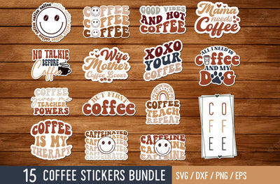 15 Retro Coffee Sticker Bundle, Wavy Coffee Sticker, Coffee Smiley Face Sticker, Coffee Sticker, Boho Coffee Sticker PNG, svg craftor SVG MD mominul islam 