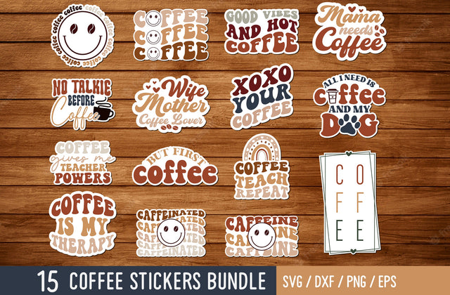 15 Retro Coffee Sticker Bundle, Wavy Coffee Sticker, Coffee Smiley Face Sticker, Coffee Sticker, Boho Coffee Sticker PNG, svg craftor SVG MD mominul islam 