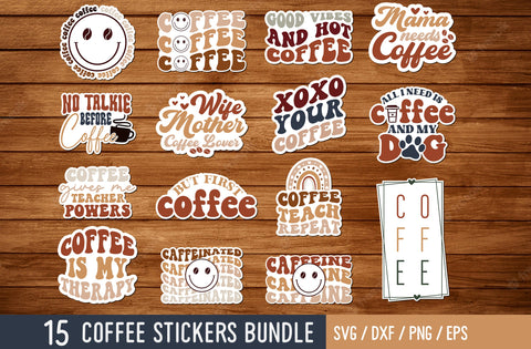 15 Retro Coffee Sticker Bundle, Wavy Coffee Sticker, Coffee Smiley Face Sticker, Coffee Sticker, Boho Coffee Sticker PNG, svg craftor SVG MD mominul islam 