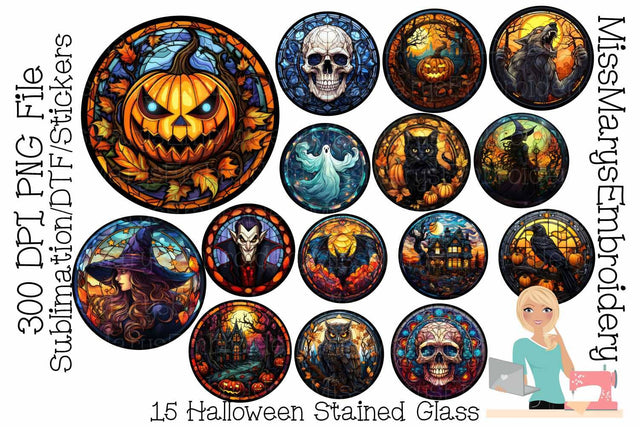 15 Stained Glass Halloween PNG | Halloween Sticker Set | Halloween Sublimation Sublimation MissMarysEmbroidery 