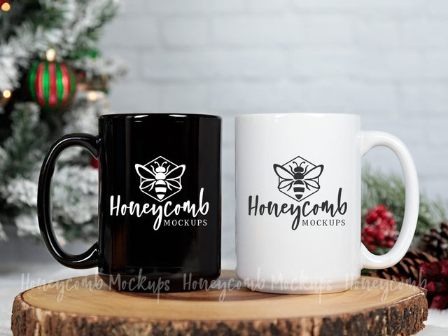 15oz Black Mug and 15 oz White Mug Mockup, Two Mugs Mockup, Christmas Mug Mockup, Matching Mug Mockup, Side By Side Mugs Mockup Mock Up Photo Honeycomb Mockups 