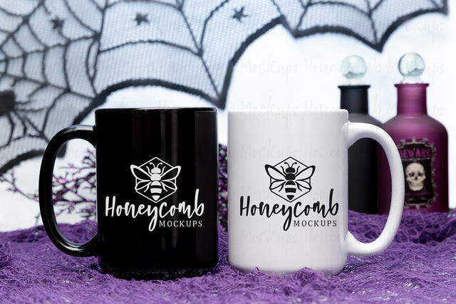 15oz Black mug and 15oz White mug mockup, Halloween Mug Mockup, Styled Mug Photo, Witchy Mug Mockup, Blank Mug Mockup, Coffee Cup Mockup Mock Up Photo Honeycomb Mockups 