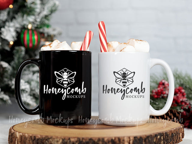 15oz Black Mug and 15oz White Mug Mockup, Hot Cocoa Mug Mockup, Christmas Mug Mockup, Matching Mugs Mockup, Two Mugs Mockup Mock Up Photo Honeycomb Mockups 
