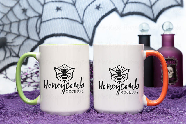 15oz Green Accent mug and 15oz Orange Accent mug mockup, Halloween Mug Mockup, Styled Mug Photo, Witchy Mug Mockup, Blank Mug Mockup, Coffee Cup Mockup Mock Up Photo Honeycomb Mockups 