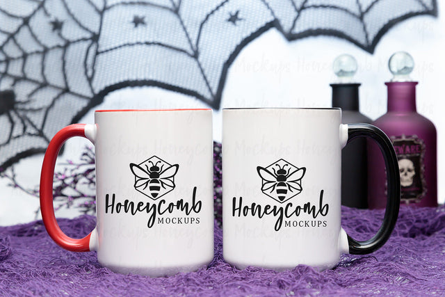 15oz Red Accent mug and 15oz Black Accent mug mockup, Halloween Mug Mockup, Styled Mug Photo, Witchy Mug Mockup, Blank Mug Mockup, Coffee Cup Mockup Mock Up Photo Honeycomb Mockups 