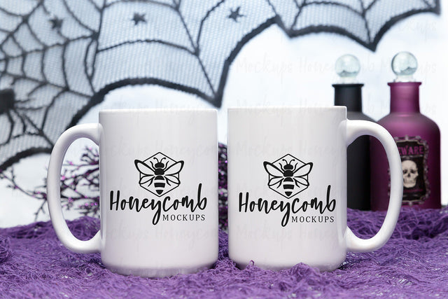 15oz White and 15oz White mug mockup, Two White mugs mockup, Halloween Mug Mockup, Styled Mug Photo, Witchy Mug Mockup, Blank Mug Mockup, Coffee Cup Mockup Mock Up Photo Honeycomb Mockups 