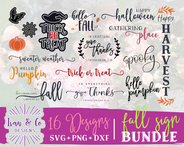 16 Fall & Halloween Signs SVG Bundle | Farmhouse Sign Svg | Autumn Svg | Pumpkin Svg | Commercial Use | Digital Cut Files | DXF PNG (2022b0802) SVG Ivan & Co. Designs 