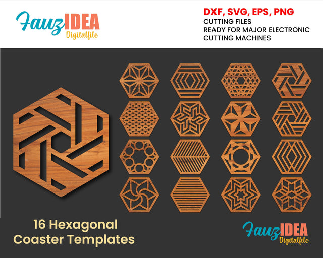 16 Hexagonal Wood Metal Coaster Trivet Wall Decor Templates Vector Digital SVG DXF Files Download cnc Laser Cutting Plasma Cricut SVG Fauz 