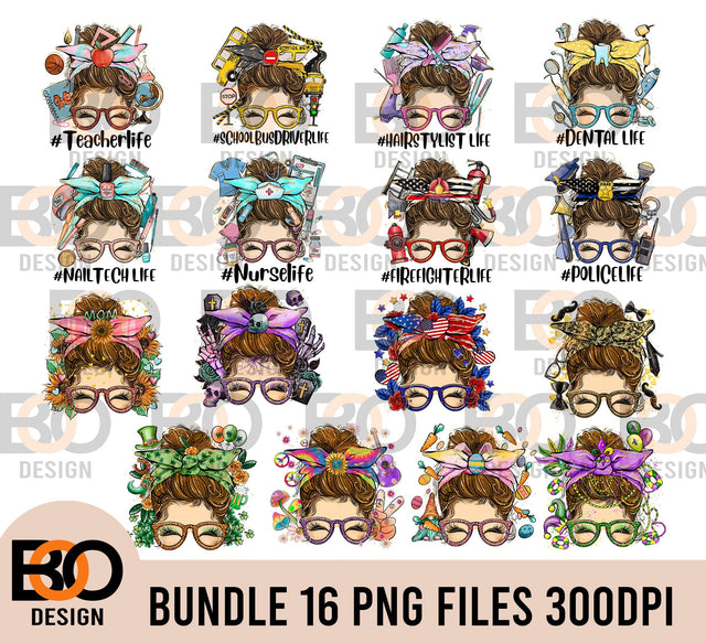 16 Messy Bun Bundle Png Sublimation, Messy Bunmom life, Digital Download, T Shirt Design Sublimation BOO-design 