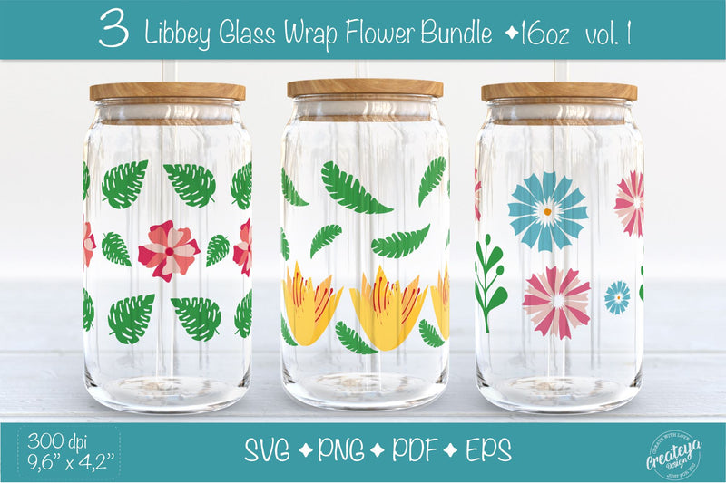 16 oz glass can wrap. Libbey glass wrap Bundle with Groovy Flowers and Leaves SVG Createya Design 