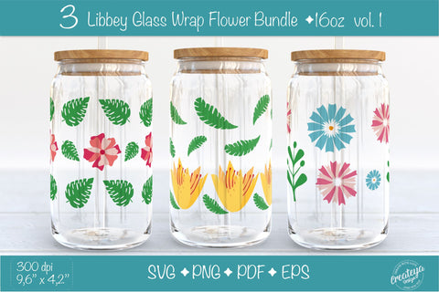 16 oz glass can wrap. Libbey glass wrap Bundle with Groovy Flowers and Leaves SVG Createya Design 