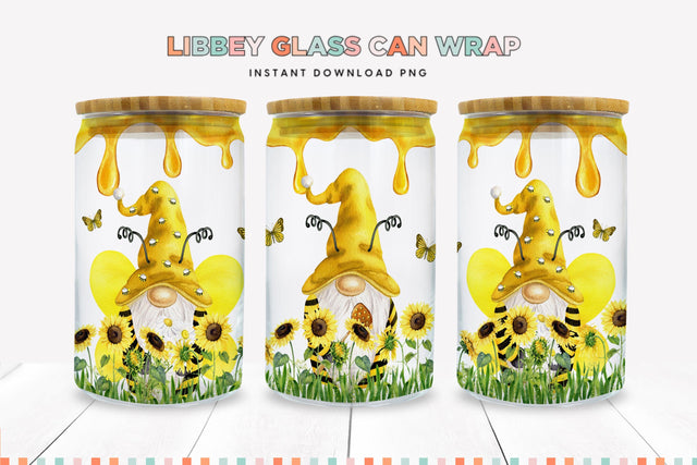 16 oz Glass Can Wrap Sublimation PNG - Gnome, Bee, Sunfower Sublimation BijouBay 