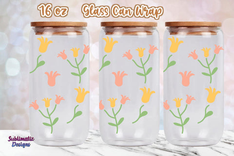16 oz Yellow & Pink Bell Floral Pattern Libbey Glass Can Wrap, Svg Vector, Png File, SVG Sublimatiz Designs 