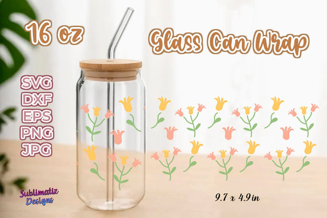 16 oz Yellow & Pink Bell Floral Pattern Libbey Glass Can Wrap, Svg Vector, Png File, SVG Sublimatiz Designs 