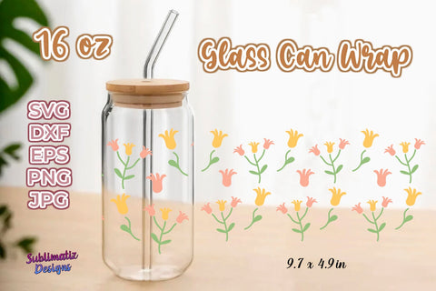16 oz Yellow & Pink Bell Floral Pattern Libbey Glass Can Wrap, Svg Vector, Png File, SVG Sublimatiz Designs 
