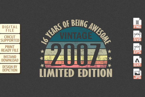 16 Years Of Being Awesome vintage 2007 Limited Edition T-Shirt, Retro Vintage Sunset Background T-Shirt Print Template Sketch DESIGN Depiction Studio 