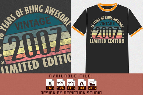 16 Years Of Being Awesome vintage 2007 Limited Edition T-Shirt, Retro Vintage Sunset Background T-Shirt Print Template Sketch DESIGN Depiction Studio 