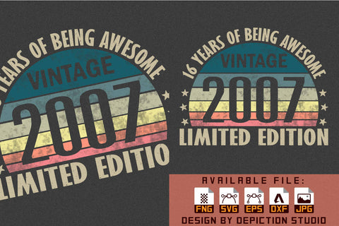 16 Years Of Being Awesome vintage 2007 Limited Edition T-Shirt, Retro Vintage Sunset Background T-Shirt Print Template Sketch DESIGN Depiction Studio 