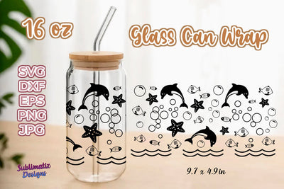 16oz Dolphins & Marine Life Libbey Glass Can Wrap, Svg Vector, Png File, SVG Sublimatiz Designs 