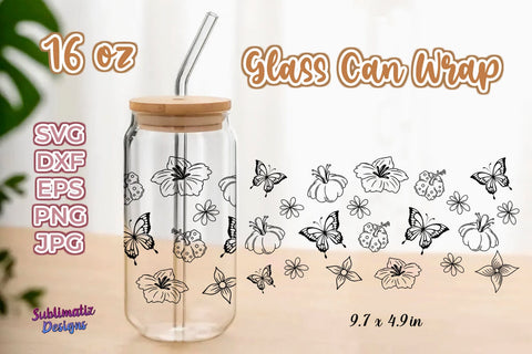16oz Floral & Butterflies Pattern Libbey Glass Can Wrap, Svg Vector Png File, SVG Sublimatiz Designs 