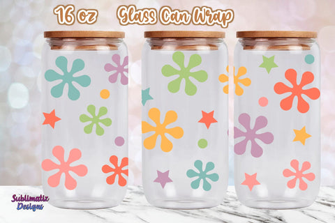 16oz Floral & Stars Libbey Glass Can Wrap, Svg Vector, Png File, SVG Sublimatiz Designs 
