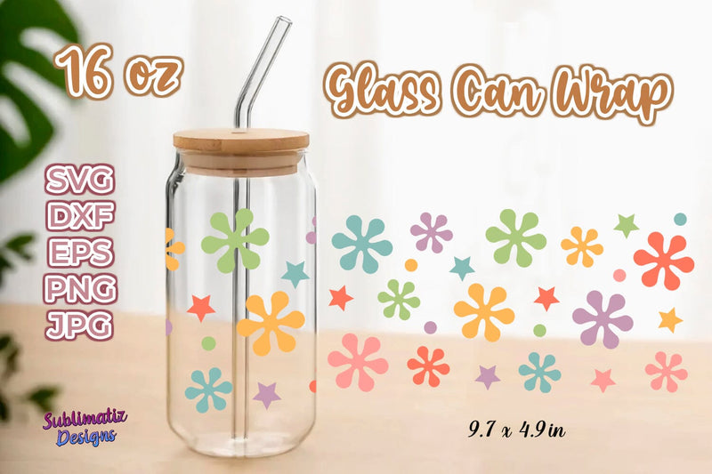 16oz Floral & Stars Libbey Glass Can Wrap, Svg Vector, Png File, SVG Sublimatiz Designs 