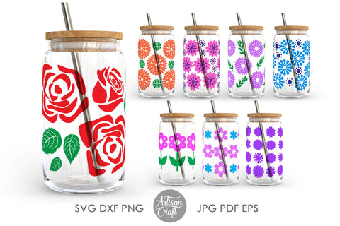 16oz Glass can SVG showing flower designs SVG Artisan Craft SVG 
