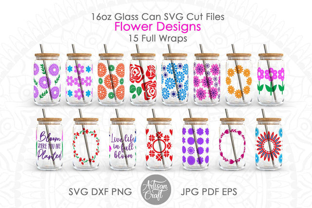 16oz Glass can SVG showing flower designs SVG Artisan Craft SVG 