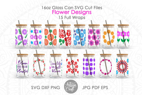 16oz Glass can SVG showing flower designs SVG Artisan Craft SVG 