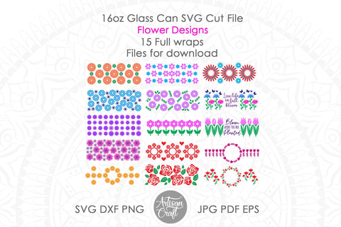 16oz Glass can SVG showing flower designs SVG Artisan Craft SVG 