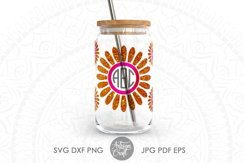 16oz glass can SVG with Sunflower monogram SVG Artisan Craft SVG 