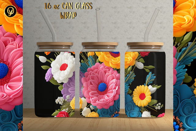 16oz Libbey Glass Can 3D Flowers Texture Sublimation Sublimation oyonnidesign 