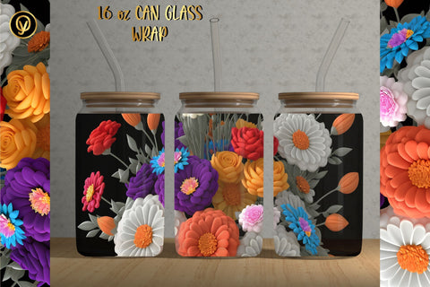 16oz Libbey Glass Can 3D Flowers Texture Sublimation Sublimation oyonnidesign 