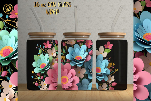 16oz Libbey Glass Can 3D Flowers Texture Sublimation Sublimation oyonnidesign 