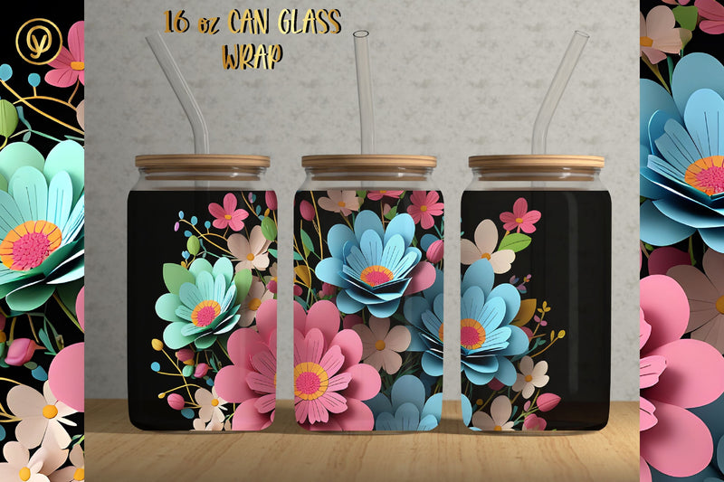 16oz Libbey Glass Can 3D Flowers Texture Sublimation Sublimation oyonnidesign 