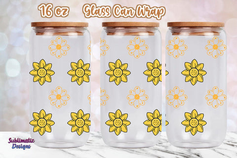 16oz Sunflower & Floral Pattern Libbey Glass Can Wrap, Svg Vector, Png File, SVG Sublimatiz Designs 