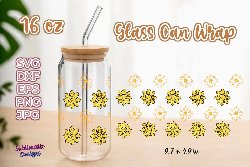 16oz Sunflower & Floral Pattern Libbey Glass Can Wrap, Svg Vector, Png ...