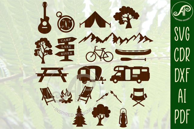 18 Camping theme cut out designs, laser cut file, shapes SVG SVG APInspireddesigns 