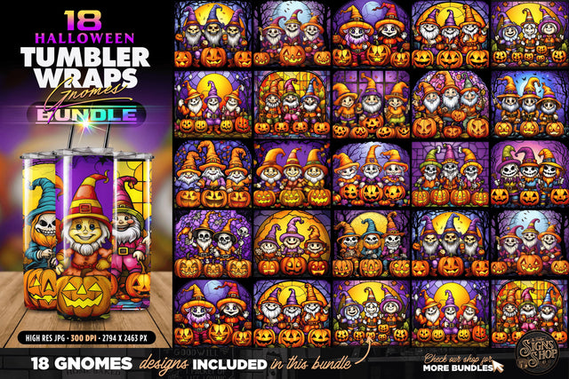 18 Halloween Gnomes Tumbler Wraps Bundle | Stained glass Sublimation The Vintage Signs Shop 