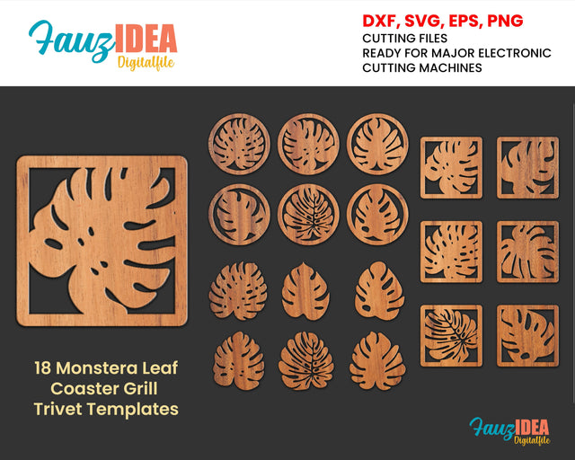 18 Monstera Leaf Coaster Grill Trivet Templates Vector Digital SVG DXF Files Instant Download cnc Laser Cutting Plasma Cricut Maker SVG Fauz 