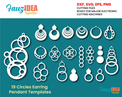 19 Wood Acrylic Metal Circles Earring Pendant Templates Vector Digital SVG DXF eps Jewelry Files Download Laser Plasma Die Cutting SVG Fauz 