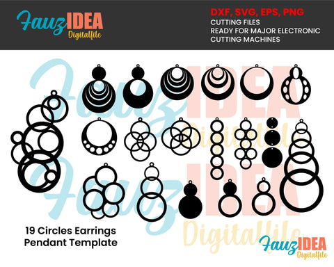 19 Wood Acrylic Metal Circles Earring Pendant Templates Vector Digital SVG DXF eps Jewelry Files Download Laser Plasma Die Cutting SVG Fauz 