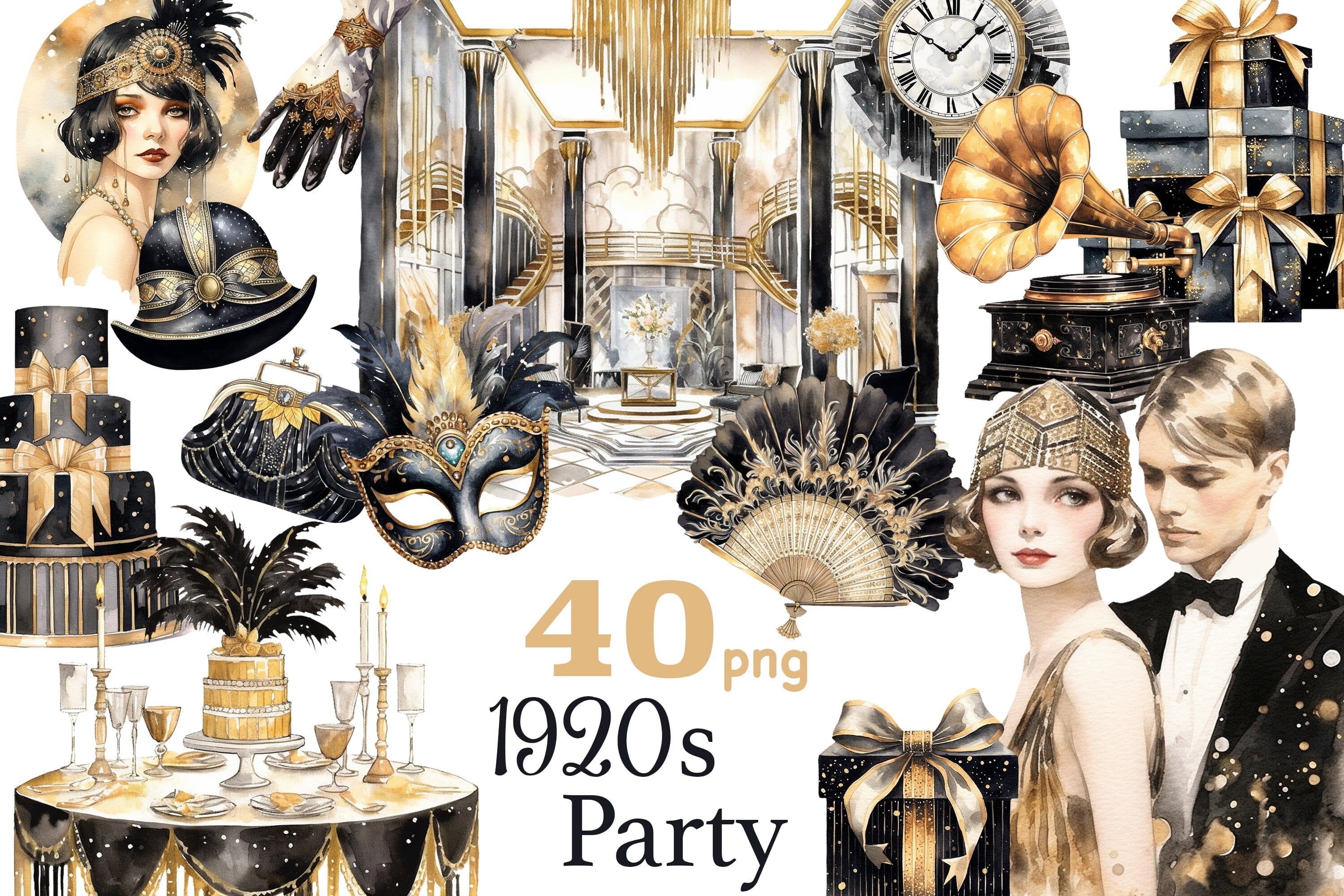 1920s Party Watercolor Clipart - Design Cuts