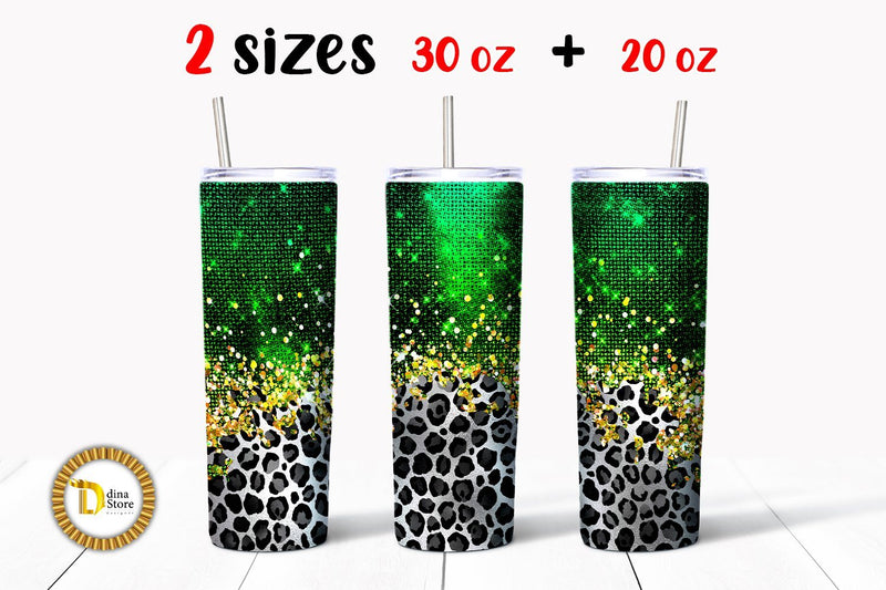 20 & 30 Oz Green Glitter Leopard Skinny Tumbler Sublimation Dina.store4art 