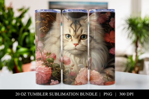 20 oz Floral Cat Skinny Tumbler Sublimation Design PNG Sublimation BijouBay 