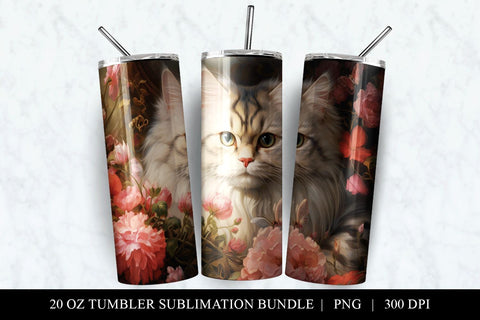 20 oz Floral Cat Skinny Tumbler Sublimation Design PNG Sublimation BijouBay 