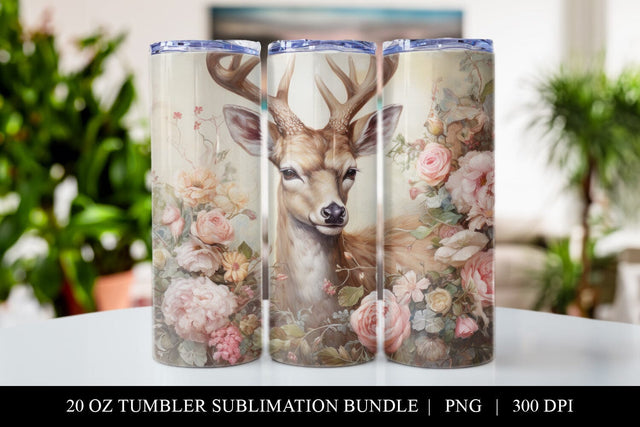 20 oz Floral Deer Skinny Tumbler Sublimation Design PNG Sublimation BijouBay 